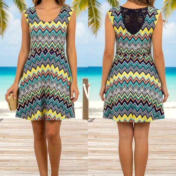 Derek Heart Juniors Multi-Color Zig-Zag Chevron Print A-Line Dress with Lace on - Picture 1 of 6